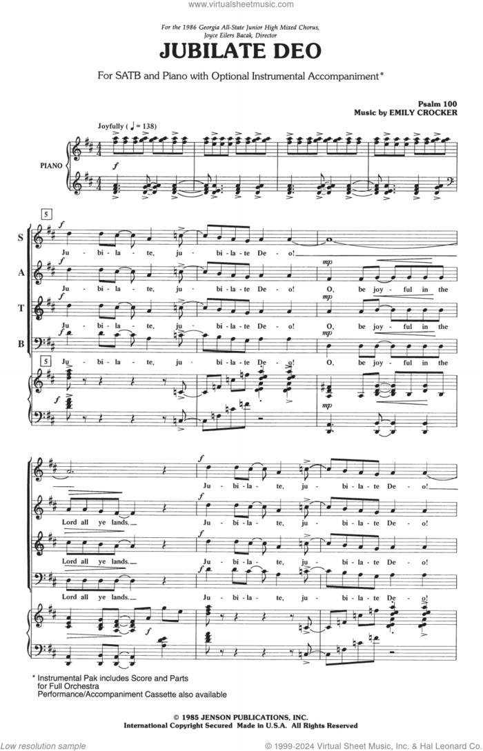 Jubilate Deo sheet music for choir (SATB: soprano, alto, tenor, bass) by Emily Crocker, intermediate skill level