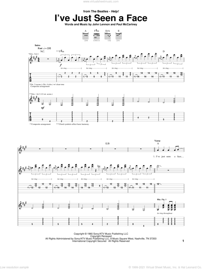 I've Just Seen A Face sheet music for guitar (tablature) by The Beatles, John Lennon and Paul McCartney, intermediate skill level
