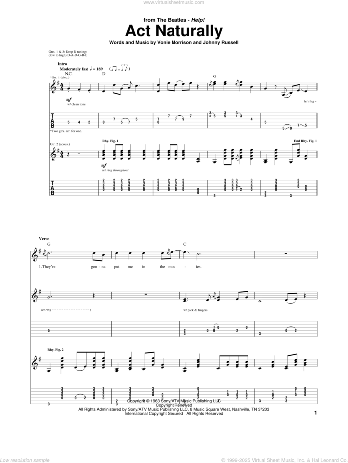 Act Naturally sheet music for guitar (tablature) by The Beatles, Buck Owens, Johnny Russell and Vonie Morrison, intermediate skill level