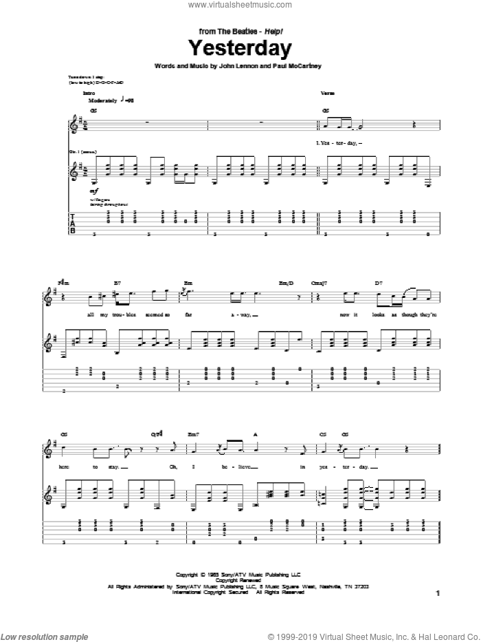 Yesterday sheet music for guitar (tablature) by The Beatles, John Lennon and Paul McCartney, intermediate skill level