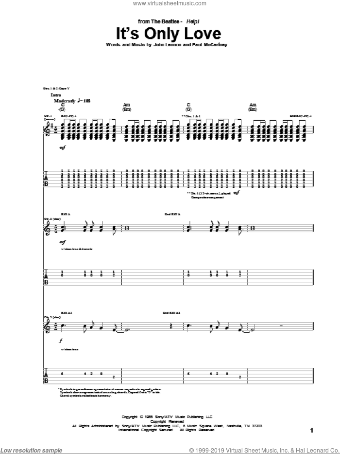 It's Only Love sheet music for guitar (tablature) by The Beatles, John Lennon and Paul McCartney, intermediate skill level