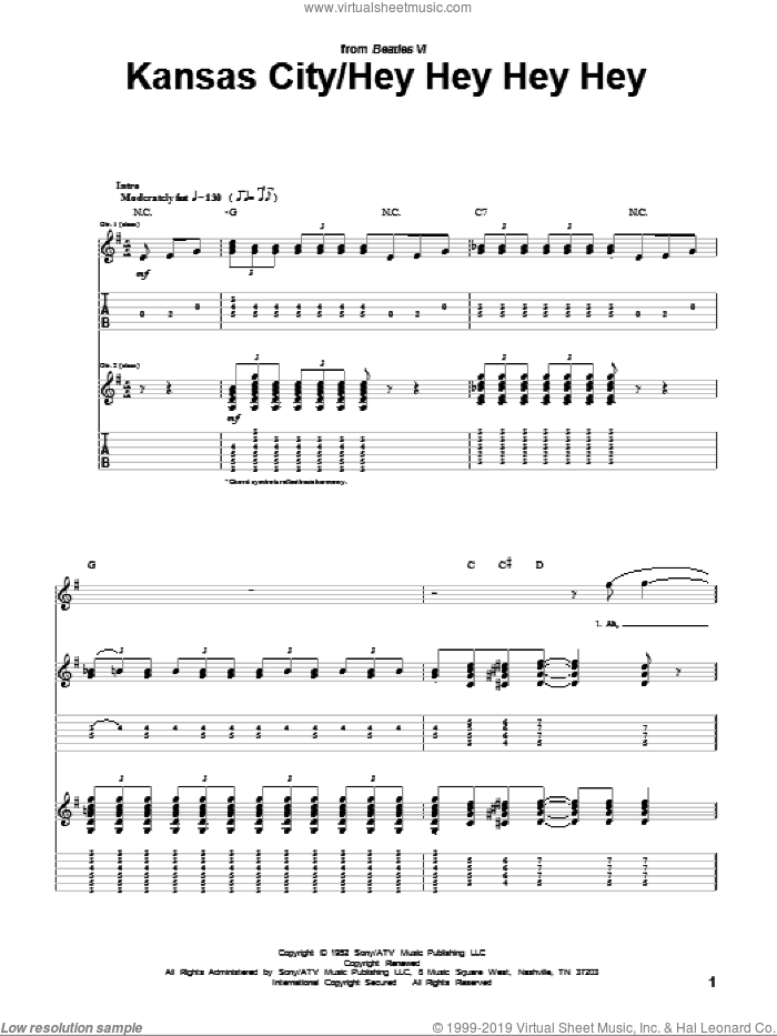Kansas City sheet music for guitar (tablature) by The Beatles, Leiber & Stoller, Wilbert Harrison, Jerry Leiber and Mike Stoller, intermediate skill level