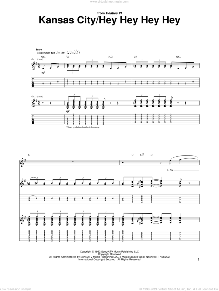 Kansas City sheet music for guitar (tablature) by The Beatles, Leiber & Stoller, Wilbert Harrison, Jerry Leiber and Mike Stoller, intermediate skill level