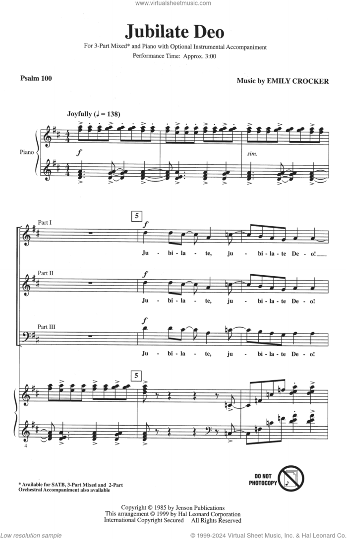 Jubilate Deo sheet music for choir (3-Part Mixed) by Emily Crocker, intermediate skill level