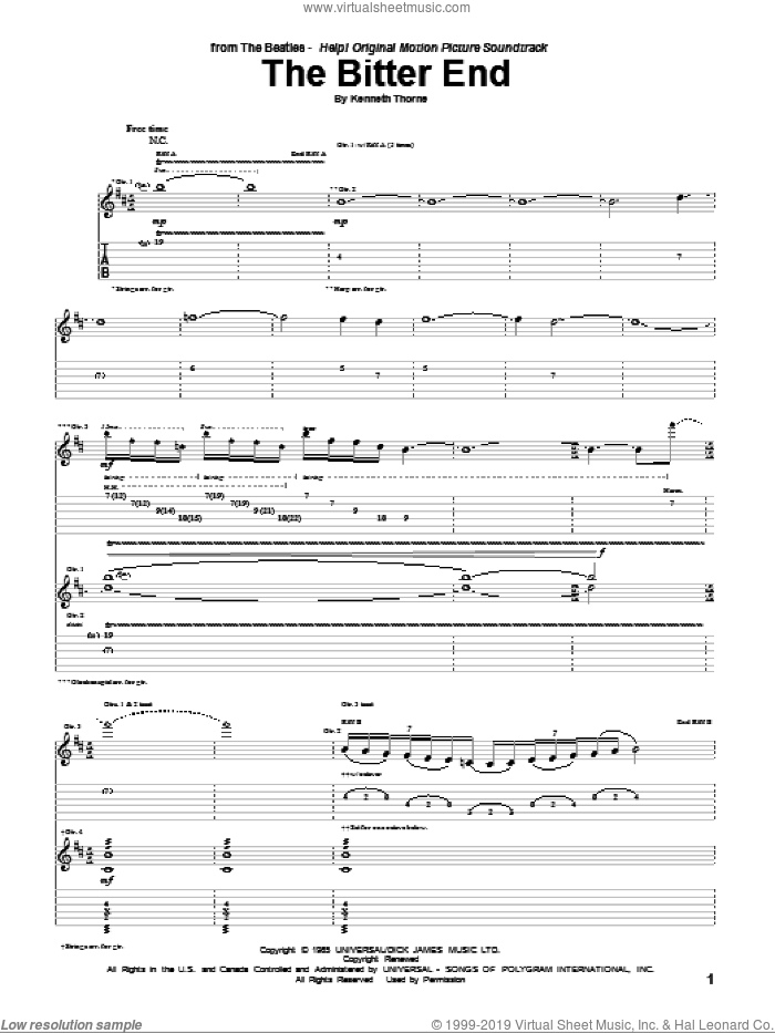 The Bitter End sheet music for guitar (tablature) by The Beatles and Kenneth Thorne, intermediate skill level