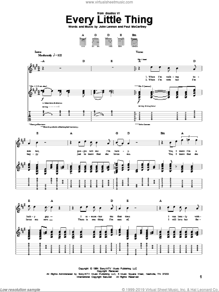 Every Little Thing sheet music for guitar (tablature) by The Beatles, John Lennon and Paul McCartney, intermediate skill level