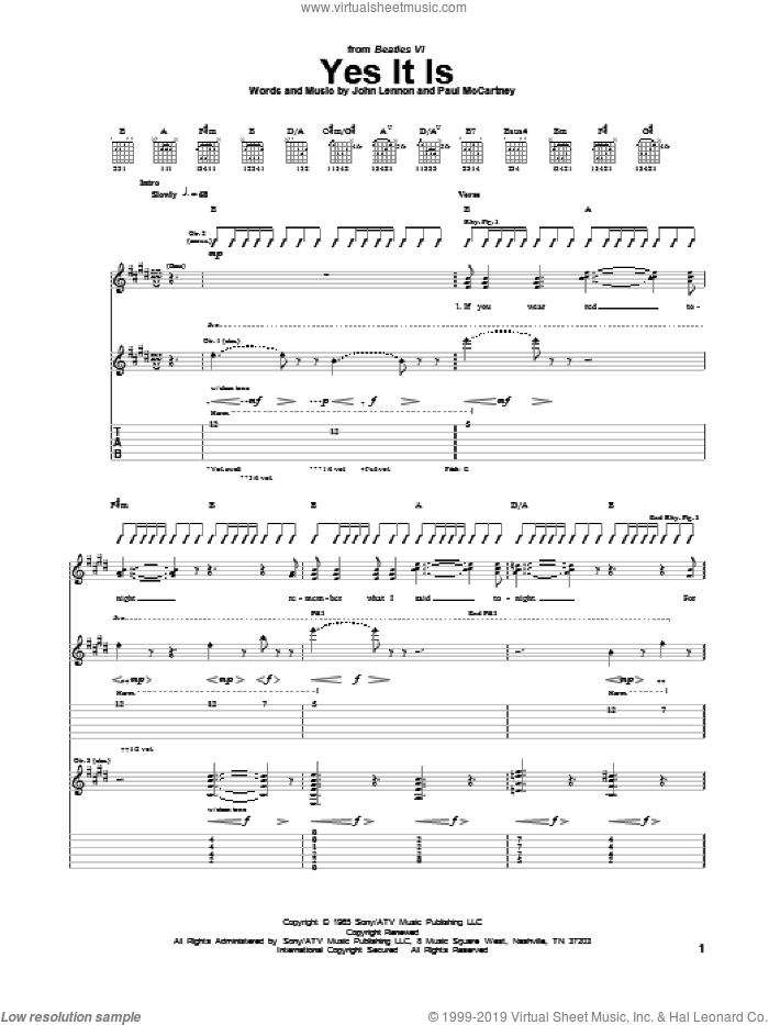 Yes It Is sheet music for guitar (tablature) by The Beatles, John Lennon and Paul McCartney, intermediate skill level