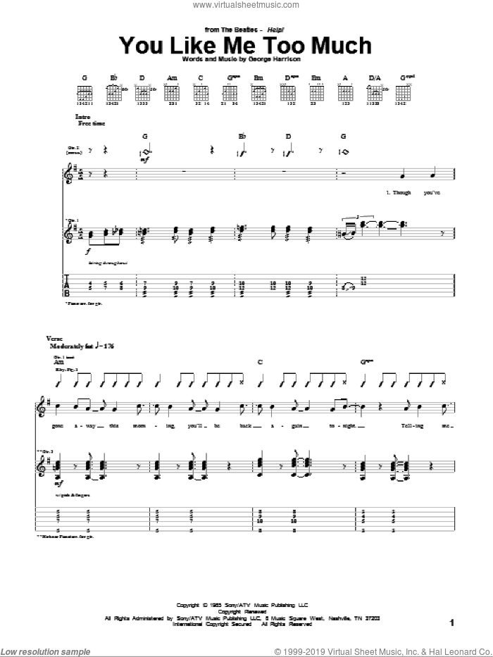 You Like Me Too Much sheet music for guitar (tablature) by The Beatles and George Harrison, intermediate skill level