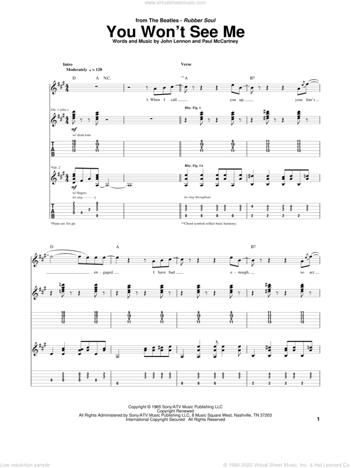 You Won't See Me sheet music for guitar (tablature) by The Beatles, John Lennon and Paul McCartney, intermediate skill level
