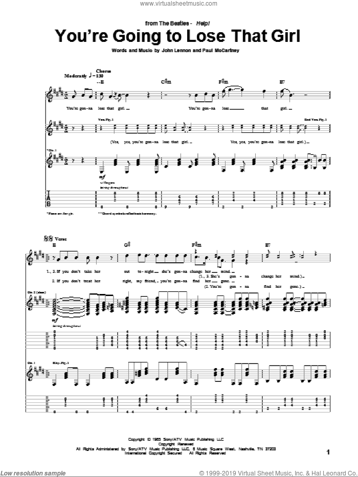 You're Going To Lose That Girl sheet music for guitar (tablature) by The Beatles, John Lennon and Paul McCartney, intermediate skill level