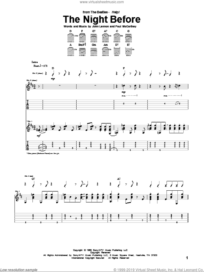 The Night Before sheet music for guitar (tablature) by The Beatles, John Lennon and Paul McCartney, intermediate skill level