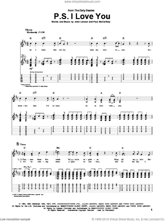 P.S. I Love You sheet music for guitar (tablature) by The Beatles, John Lennon and Paul McCartney, intermediate skill level