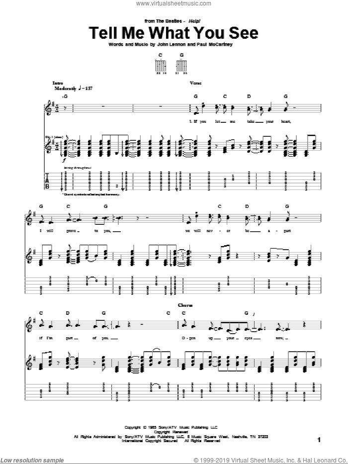 Tell Me What You See sheet music for guitar (tablature) by The Beatles, John Lennon and Paul McCartney, intermediate skill level