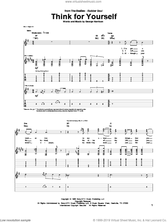 Think For Yourself sheet music for guitar (tablature) by The Beatles and George Harrison, intermediate skill level