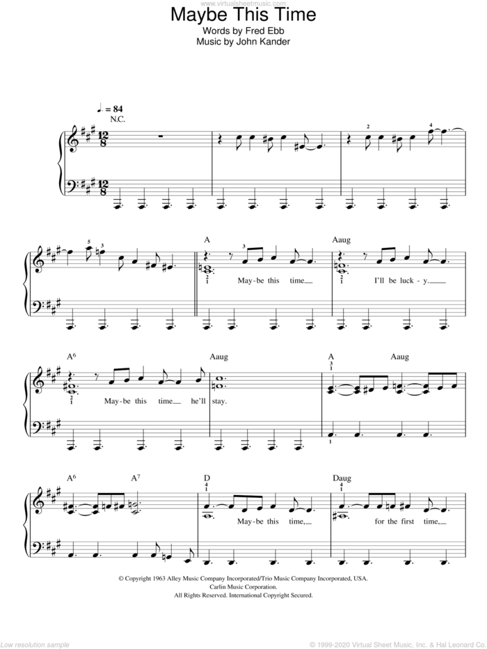 Maybe This Time sheet music for piano solo by Glee Cast, Cabaret (Musical), Kander & Ebb, Fred Ebb and John Kander, easy skill level