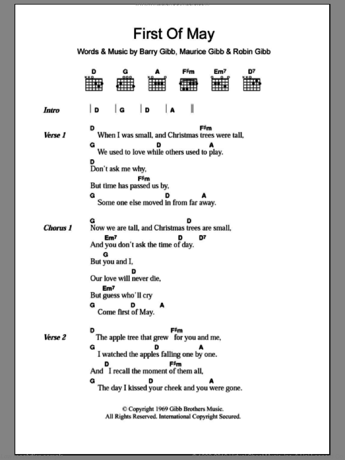 First Of May sheet music for guitar (chords) by Bee Gees, Barry Gibb, Maurice Gibb and Robin Gibb, intermediate skill level