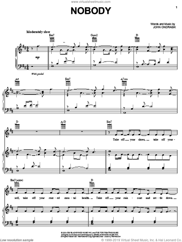Nobody sheet music for voice, piano or guitar by Five For Fighting and John Ondrasik, intermediate skill level