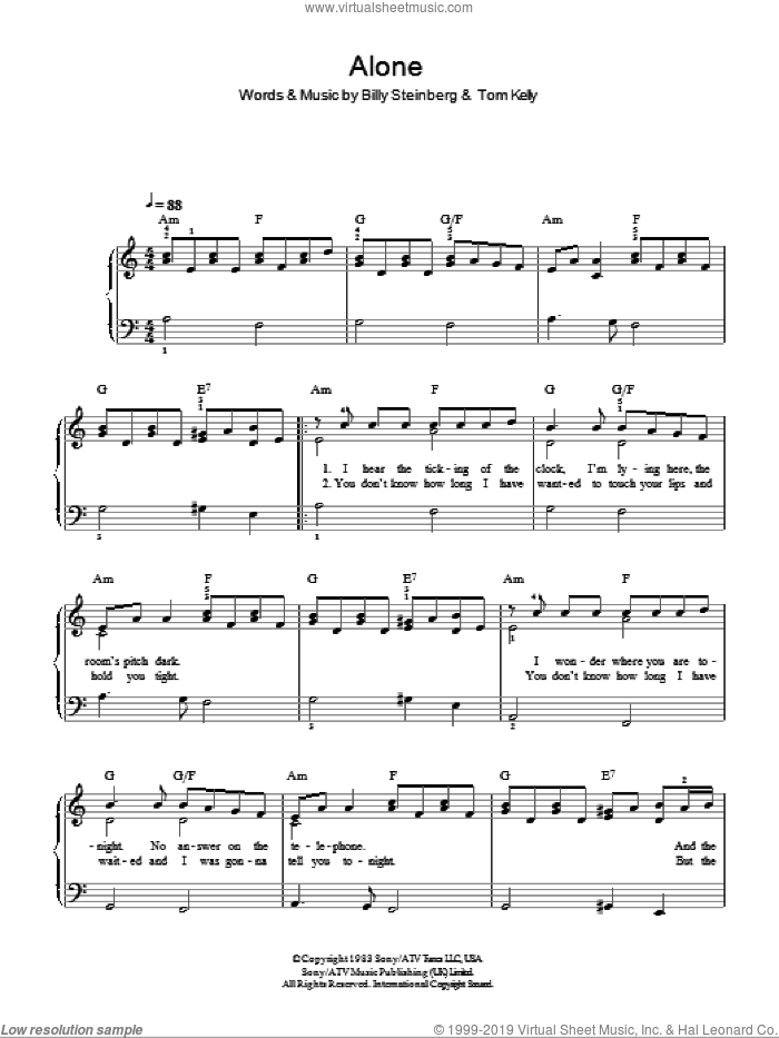 Alone sheet music for piano solo by Glee Cast, Heart, Miscellaneous, Billy Steinberg and Tom Kelly, easy skill level