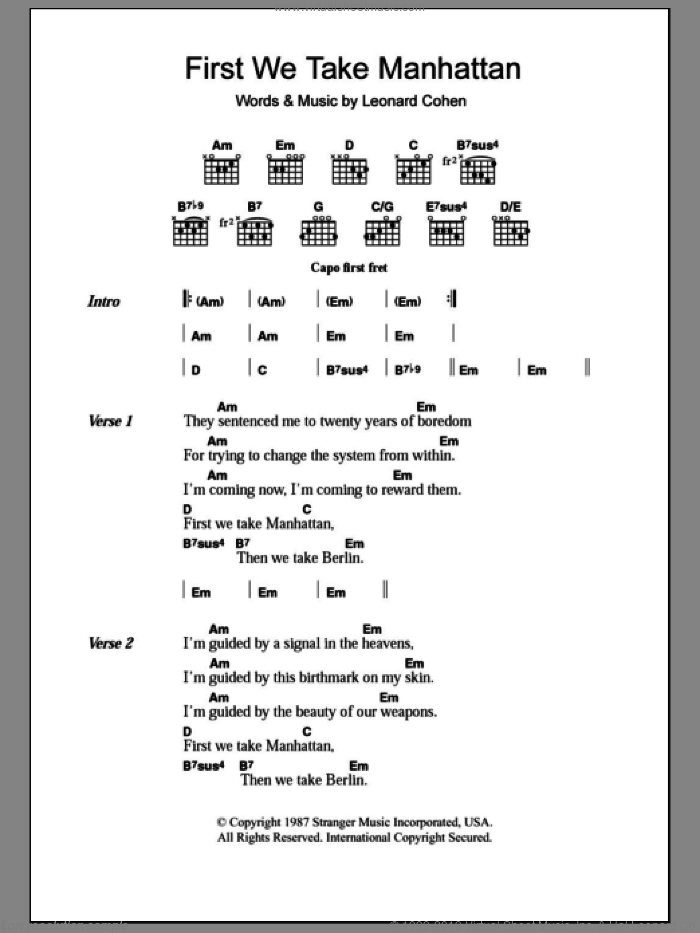 First We Take Manhattan sheet music for guitar (chords) by Leonard Cohen, intermediate skill level