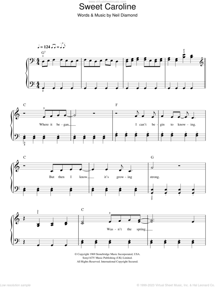 Sweet Caroline sheet music for piano solo by Glee Cast, Miscellaneous and Neil Diamond, easy skill level
