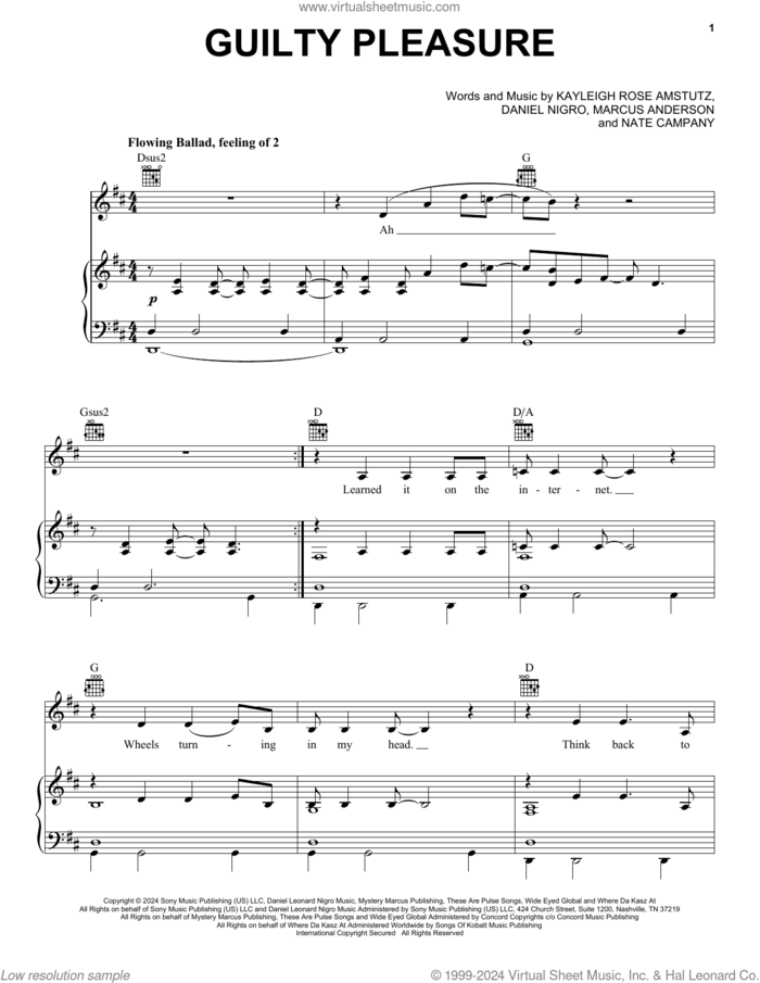 Guilty Pleasure sheet music for voice, piano or guitar by Chappell Roan, Daniel Nigro, Kayleigh Rose Amstutz, Marcus Anderson and Nate Campany, intermediate skill level