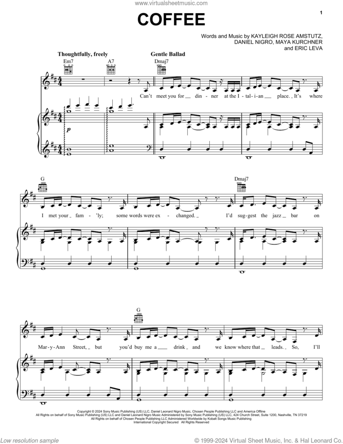 Coffee sheet music for voice, piano or guitar by Chappell Roan, Daniel Nigro, Eric Leva, Kayleigh Rose Amstutz and Maya Kurchner, intermediate skill level