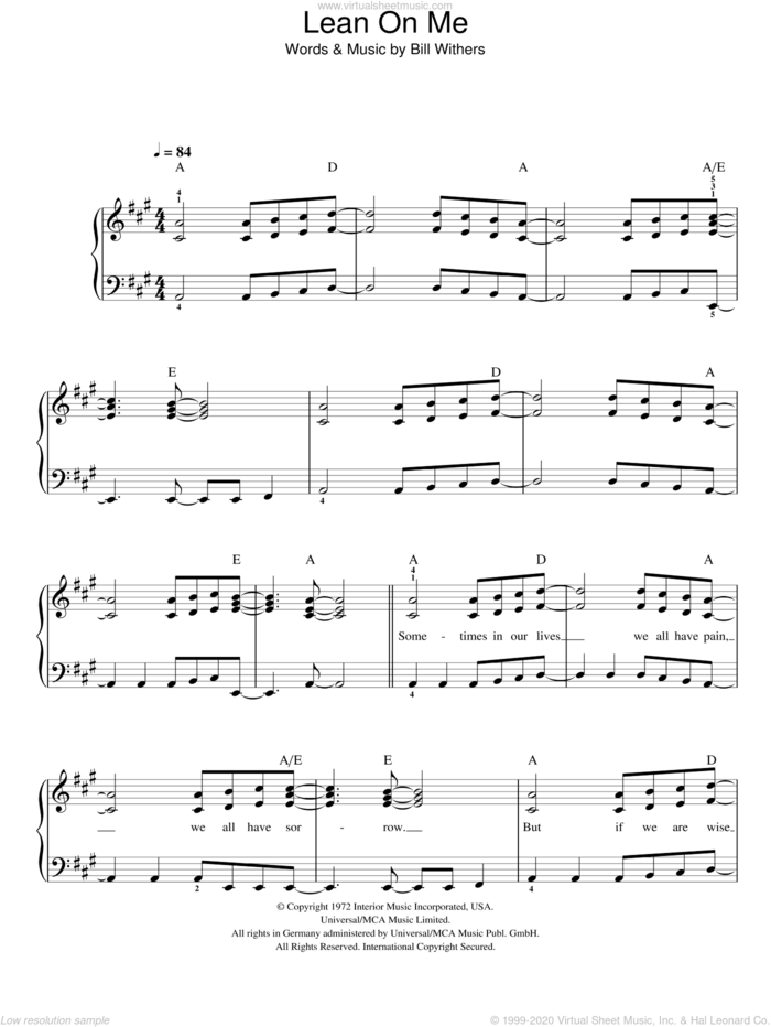 Lean On Me sheet music for piano solo by Glee Cast, Miscellaneous and Bill Withers, easy skill level