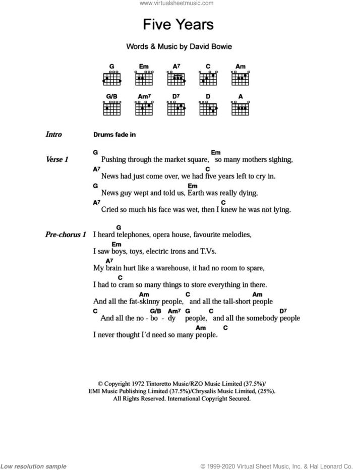 Five Years sheet music for guitar (chords) by David Bowie, intermediate skill level