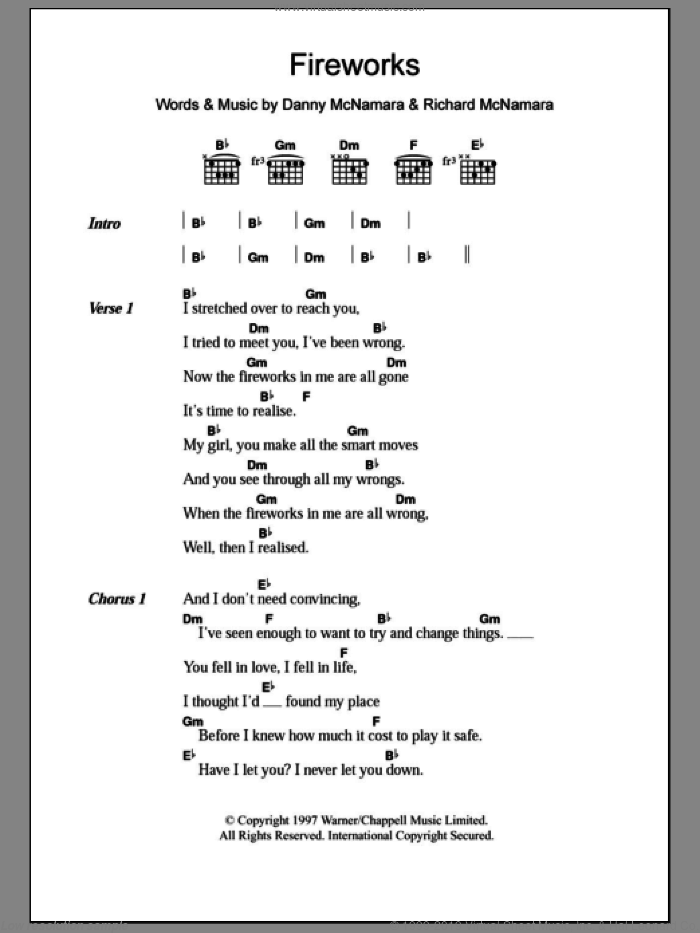 Fireworks sheet music for guitar (chords) by Embrace, Danny McNamara and Richard McNamara, intermediate skill level