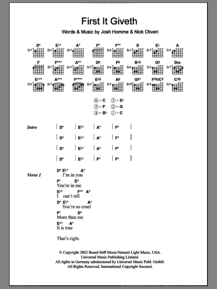 First It Giveth sheet music for guitar (chords) by Queens Of The Stone Age, Josh Homme and Nick Oliveri, intermediate skill level