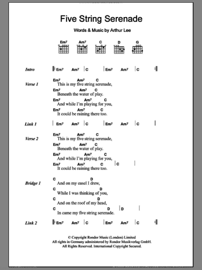 Five String Serenade sheet music for guitar (chords) by Mazzy Star and Arthur Lee, intermediate skill level