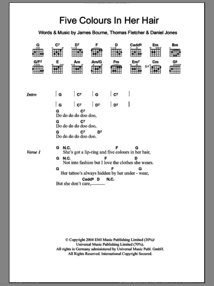 Five Colours In Her Hair sheet music for guitar (chords) by McFly, Danny Jones, James Bourne and Thomas Fletcher, intermediate skill level