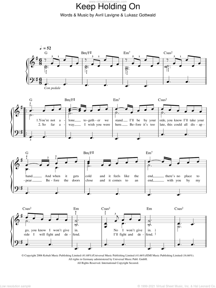 Keep Holding On sheet music for piano solo by Glee Cast, Miscellaneous, Avril Lavigne and Lukasz Gottwald, easy skill level