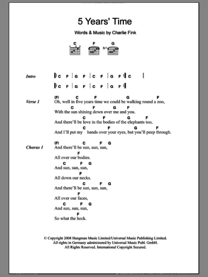 5 Years Time sheet music for guitar (chords) by Noah And The Whale and Charlie Fink, intermediate skill level