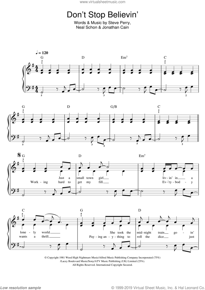 Don't Stop Believin' sheet music for piano solo by Glee Cast, Journey, Miscellaneous, Jonathan Cain, Neal Schon and Steve Perry, easy skill level