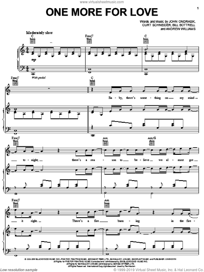 One More For Love sheet music for voice, piano or guitar by Five For Fighting, Andrew Williams, Bill Bottrell, Curt Schneider and John Ondrasik, intermediate skill level