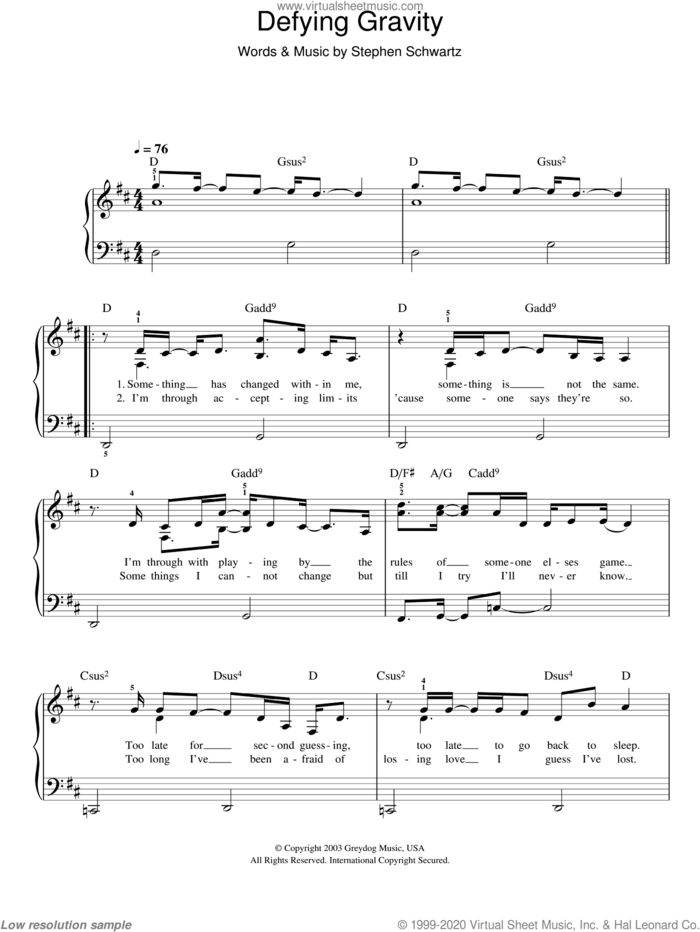 Defying Gravity (from Wicked) sheet music for piano solo by Glee Cast, Miscellaneous and Stephen Schwartz, easy skill level