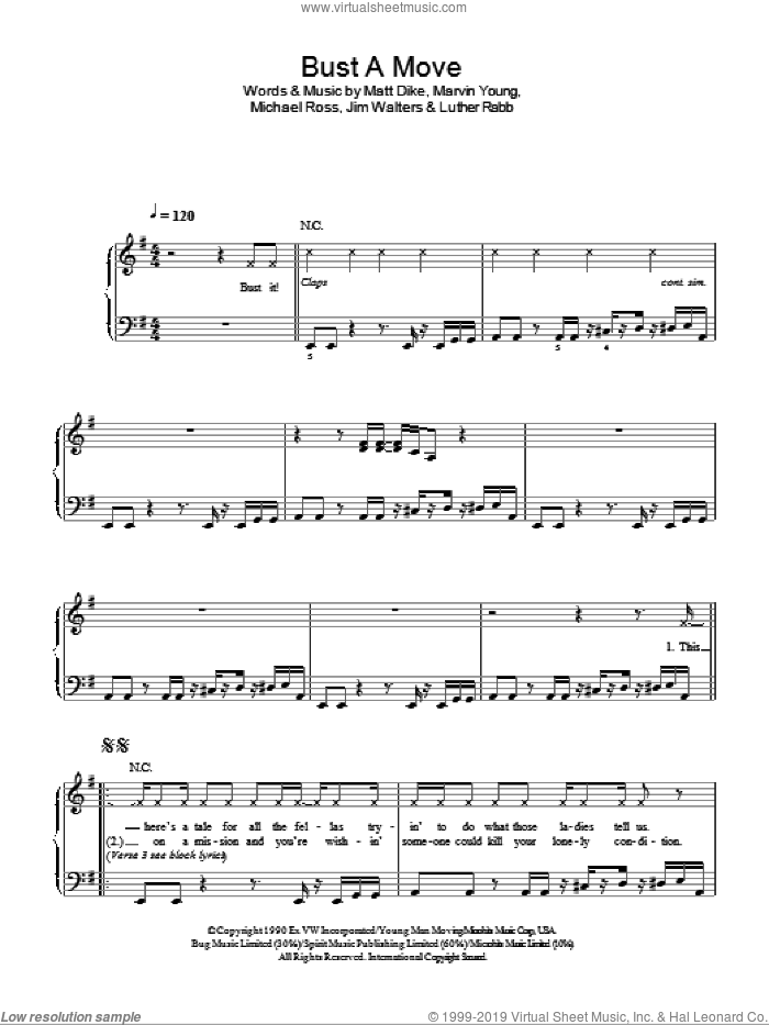 Bust A Move sheet music for piano solo by Glee Cast, Miscellaneous, Young MC, Jim Walters, Luther Rabb, Marvin Young, Matt Dike and Michael Ross, easy skill level