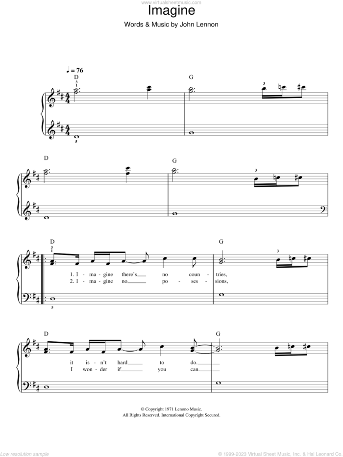 Imagine sheet music for piano solo by Glee Cast, John Lennon and Miscellaneous, easy skill level