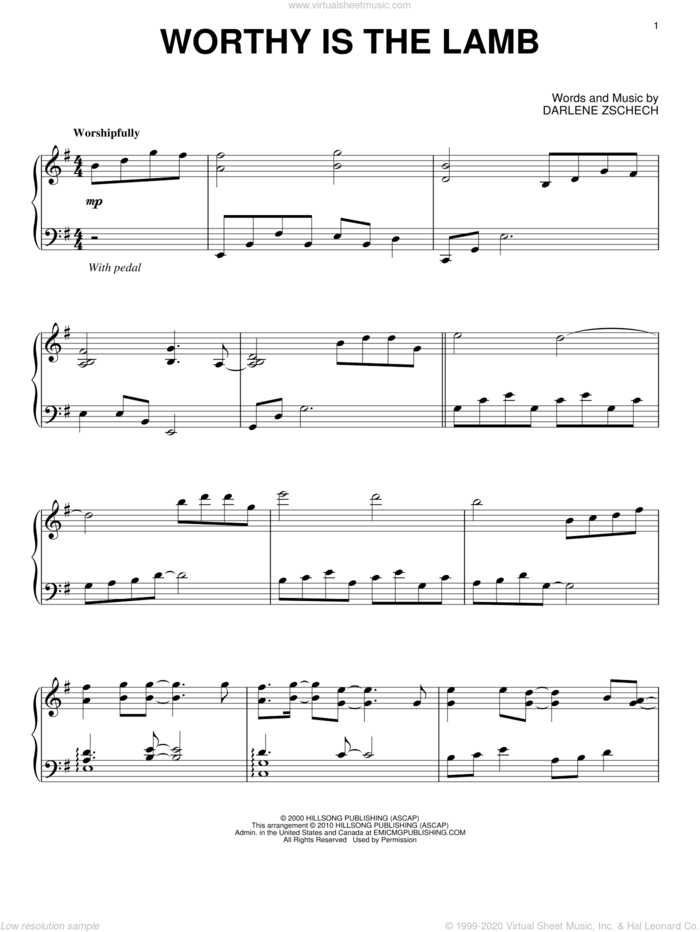 Zschech Worthy Is The Lamb, (intermediate) sheet music for piano solo