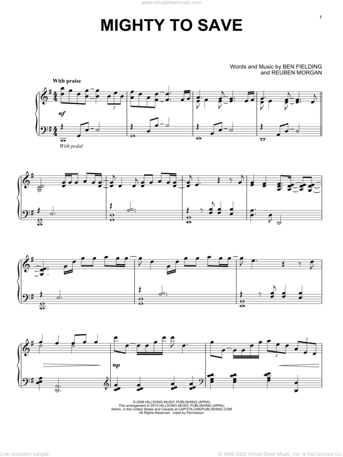 Mighty To Save, (intermediate) sheet music for piano solo by Reuben Morgan, Hillsong Worship and Ben Fielding, intermediate skill level