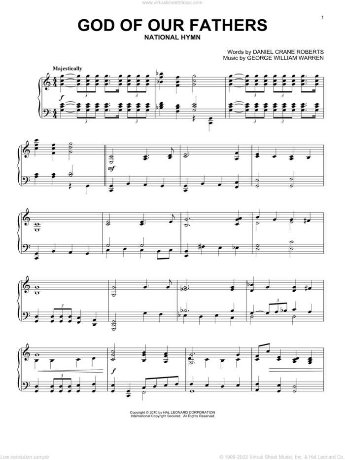 God Of Our Fathers sheet music for piano solo by Daniel Crane Roberts and George William Warren, intermediate skill level