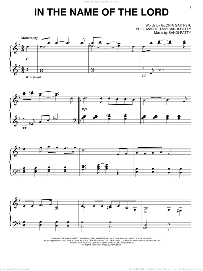 In The Name Of The Lord, (intermediate) sheet music for piano solo by Sandi Patty, Gloria Gaither and Phill McHugh, intermediate skill level
