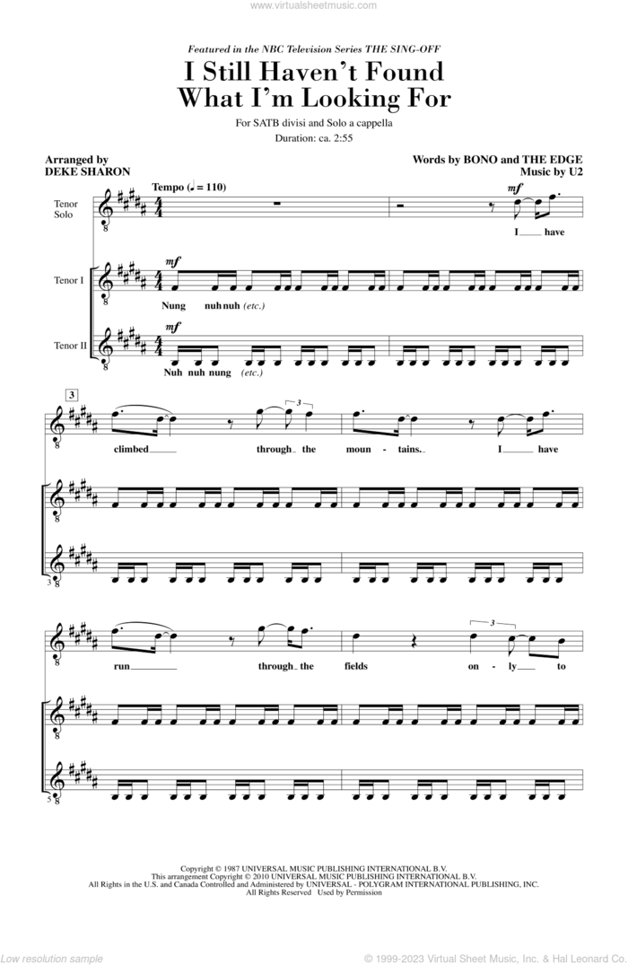 I Still Haven't Found What I'm Looking For (from NBC's The Sing-Off) sheet music for choir (SATB: soprano, alto, tenor, bass) by Bono, The Edge, Deke Sharon and U2, intermediate skill level