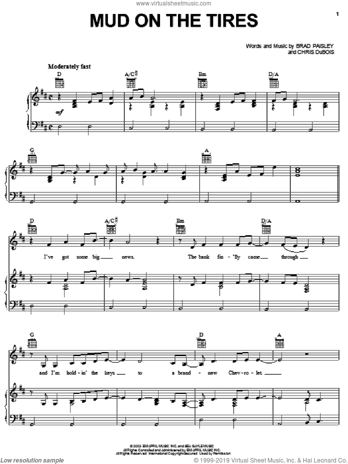 Mud On The Tires sheet music for voice, piano or guitar by Brad Paisley and Chris DuBois, intermediate skill level