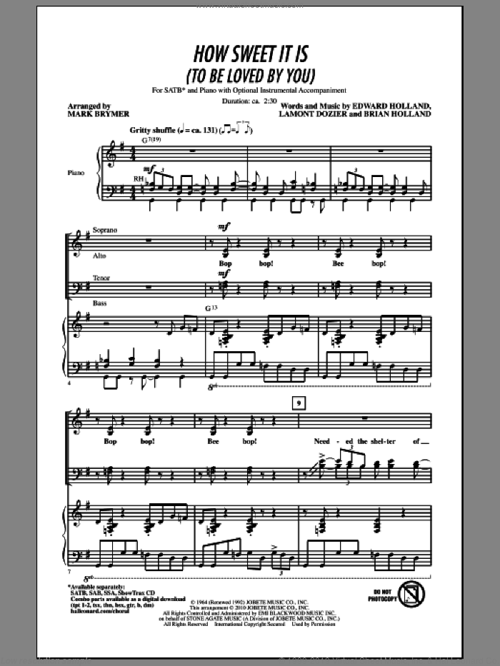 How Sweet It Is (To Be Loved By You) sheet music for choir (SATB: soprano, alto, tenor, bass) by Brian Holland, Eddie Holland, Lamont Dozier, James Taylor, Mark Brymer, Marvin Gaye and Michael Buble, intermediate skill level