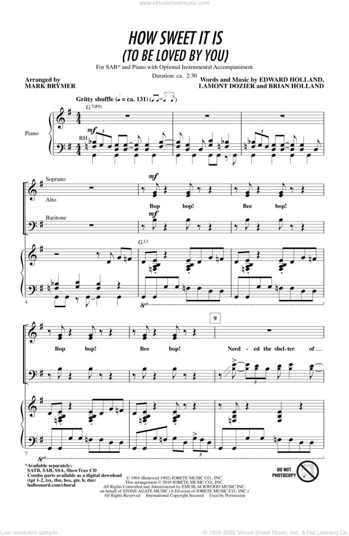 How Sweet It Is (To Be Loved By You) sheet music for choir (SAB: soprano, alto, bass) by Brian Holland, Eddie Holland, Lamont Dozier, James Taylor, Mark Brymer, Marvin Gaye and Michael Buble, intermediate skill level