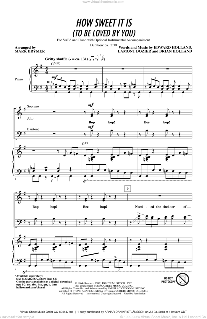 How Sweet It Is (To Be Loved By You) sheet music for choir (SAB: soprano, alto, bass) by Brian Holland, Eddie Holland, Lamont Dozier, James Taylor, Mark Brymer, Marvin Gaye and Michael Buble, intermediate skill level