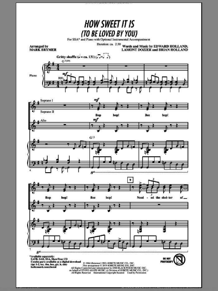 How Sweet It Is (To Be Loved By You) sheet music for choir (SSA: soprano, alto) by Brian Holland, Eddie Holland, Lamont Dozier, James Taylor, Mark Brymer, Marvin Gaye and Michael Buble, intermediate skill level