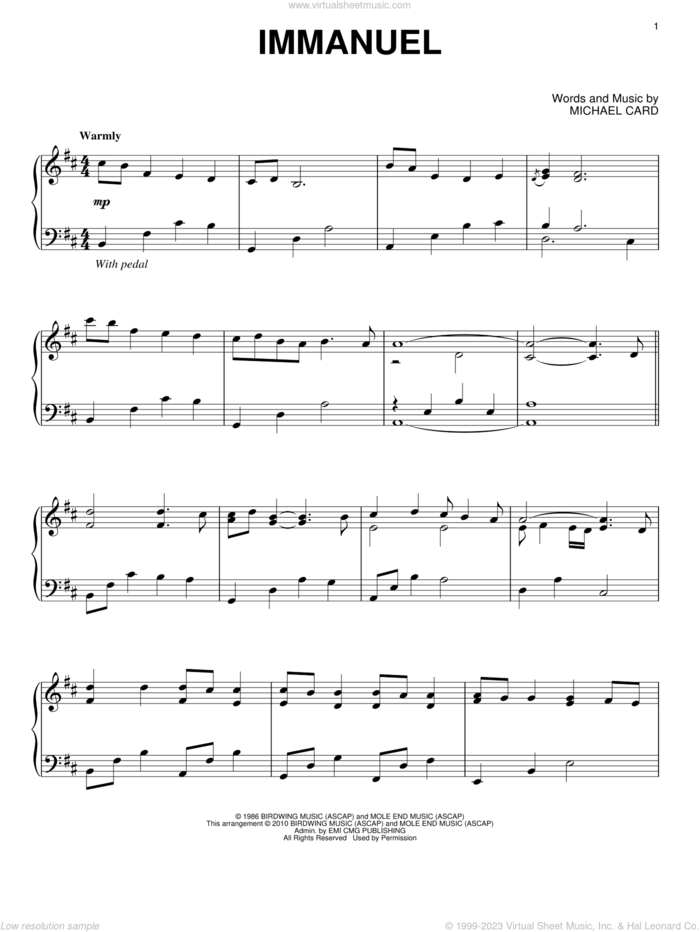 Immanuel sheet music for piano solo by Michael Card, intermediate skill level